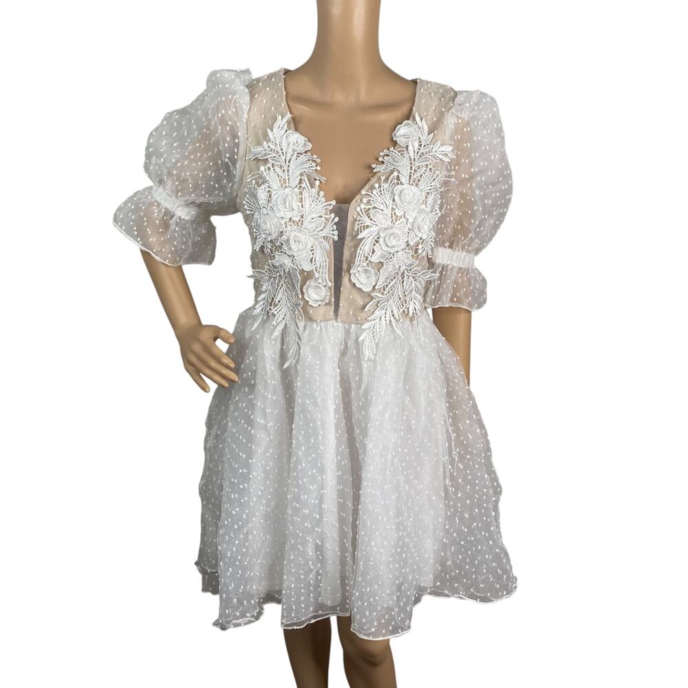 NWT Miss Ord White Swiss Dot Lace Applique Ballet Puff Sleeve Dress
